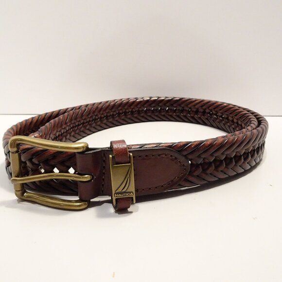 Vintage Nautica Brown Braided Woven Leather Belt Brass Buckle Logo Mens XL - Picture 1 of 4